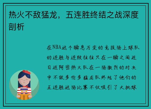 热火不敌猛龙，五连胜终结之战深度剖析